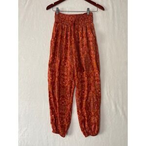 Aerie Woman's Sm Orange Paisley Floral Smocked Waist Jogger Pants Boho Tassel